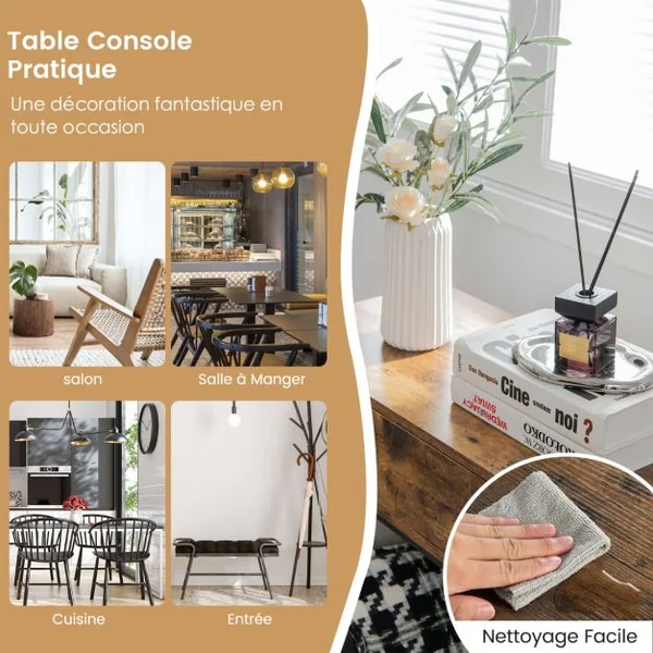 Table de Console à 2 Niveaux et 2 Tiroirs Style Industriel Table d'Entrée Cadre en Métal Panneaux Aspect Bois Vieilli Brun rustique