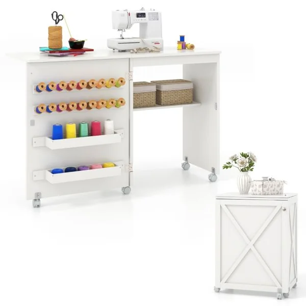 Table de Couture Pliante Etagère 2 Bacs et 18 Crochets Armoire de Couture à Porte de Grange 5 Roues Verrouillables Naturel/Blanc