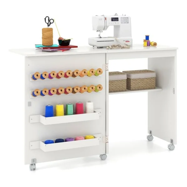 Table de Couture Pliante Etagère 2 Bacs et 18 Crochets Armoire de Couture à Porte de Grange 5 Roues Verrouillables Naturel/Blanc