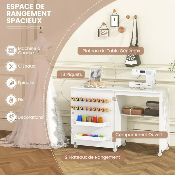 Table de Couture Pliante Etagère 2 Bacs et 18 Crochets Armoire de Couture à Porte de Grange 5 Roues Verrouillables Naturel/Blanc