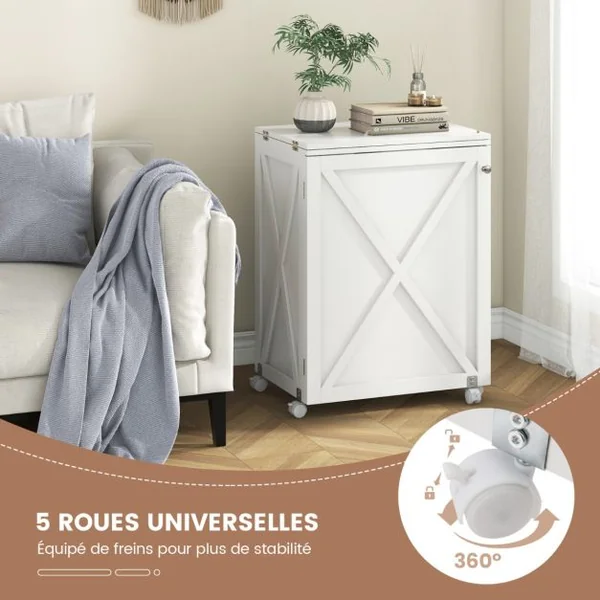 Table de Couture Pliante Etagère 2 Bacs et 18 Crochets Armoire de Couture à Porte de Grange 5 Roues Verrouillables Naturel/Blanc