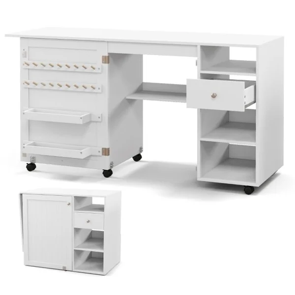 Table de Couture Pliante Etagères de Rangement Plateau Porte-fils Bureau Station d'Artisanat Polyvalente 6 Roues Verrouillables Blanc