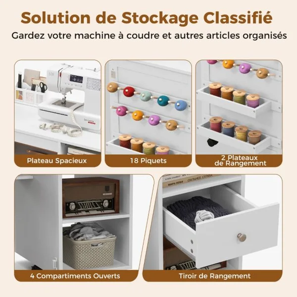 Table de Couture Pliante Etagères de Rangement Plateau Porte-fils Bureau Station d'Artisanat Polyvalente 6 Roues Verrouillables Blanc