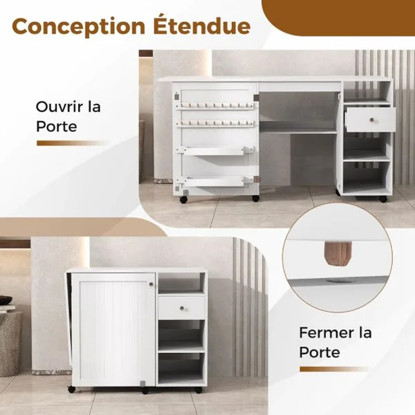 Table de Couture Pliante Etagères de Rangement Plateau Porte-fils Bureau Station d'Artisanat Polyvalente 6 Roues Verrouillables Blanc
