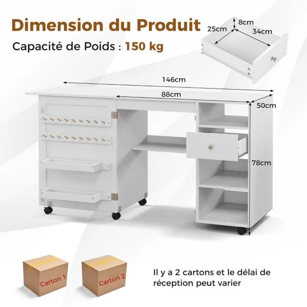 Table de Couture Pliante Etagères de Rangement Plateau Porte-fils Bureau Station d'Artisanat Polyvalente 6 Roues Verrouillables Blanc