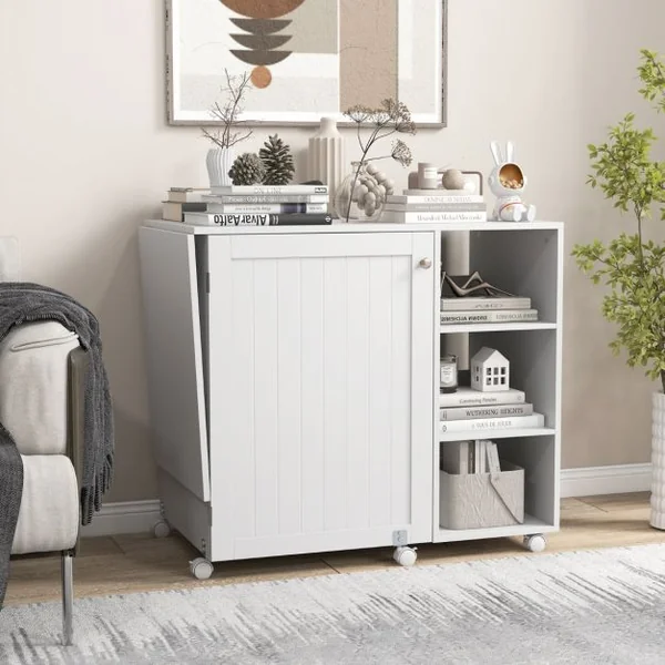 Table de Couture Pliante Station de Couture Multifonctionnelle avec Etagères de Rangement 18 Porte-fils et 2 Bacs Cachés Blanc