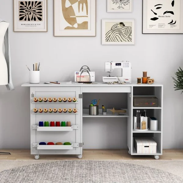 Table de Couture Pliante Station de Couture Multifonctionnelle avec Etagères de Rangement 18 Porte-fils et 2 Bacs Cachés Blanc