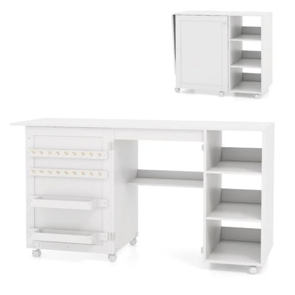 Table de Couture Pliante Station de Couture Multifonctionnelle avec Etagères de Rangement 18 Porte-fils et 2 Bacs Cachés Blanc