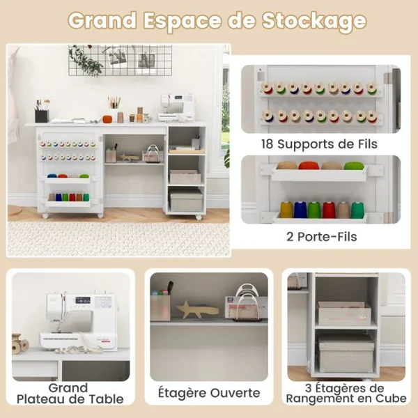 Table de Couture Pliante Station de Couture Multifonctionnelle avec Etagères de Rangement 18 Porte-fils et 2 Bacs Cachés Blanc