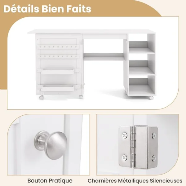 Table de Couture Pliante Station de Couture Multifonctionnelle avec Etagères de Rangement 18 Porte-fils et 2 Bacs Cachés Blanc