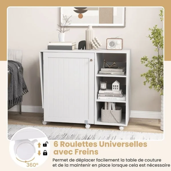Table de Couture Pliante Station de Couture Multifonctionnelle avec Etagères de Rangement 18 Porte-fils et 2 Bacs Cachés Blanc