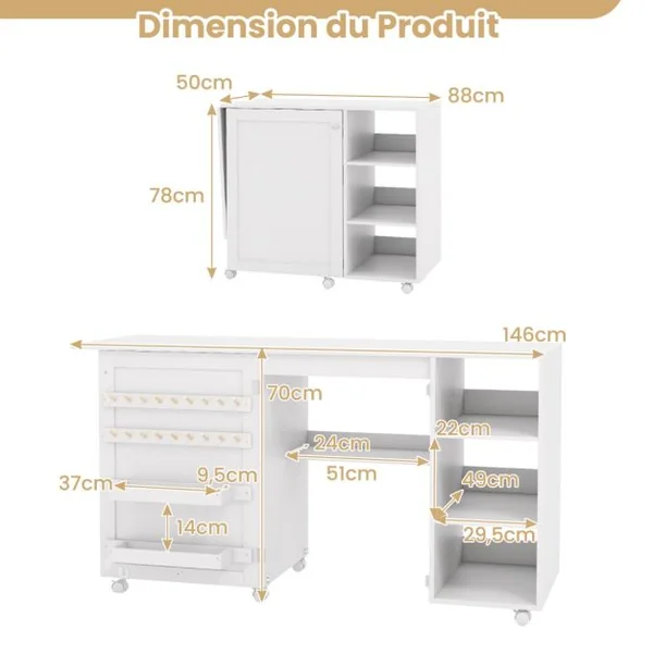 Table de Couture Pliante Station de Couture Multifonctionnelle avec Etagères de Rangement 18 Porte-fils et 2 Bacs Cachés Blanc