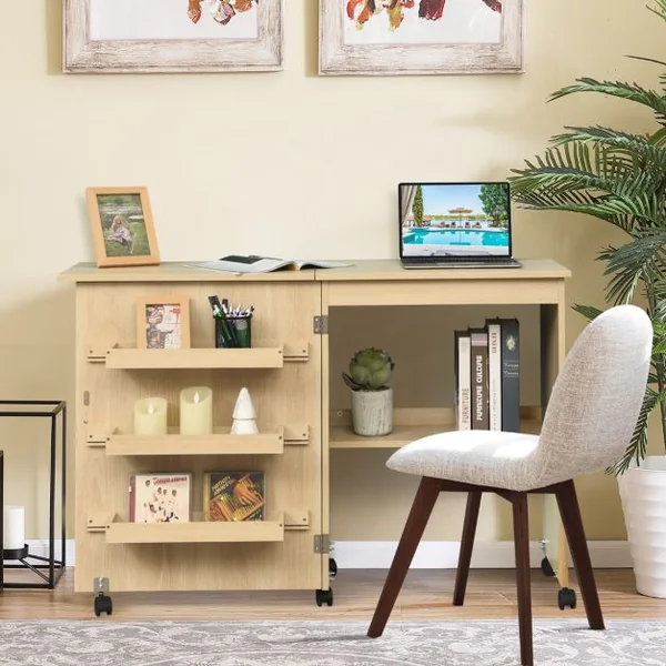 Table de Couture Pliante à Roulettes Meuble pour Machine à Coudre avec 3 Étagères en Mdf 117x40x77xcm Blanc/Beige/Brun/Naturel