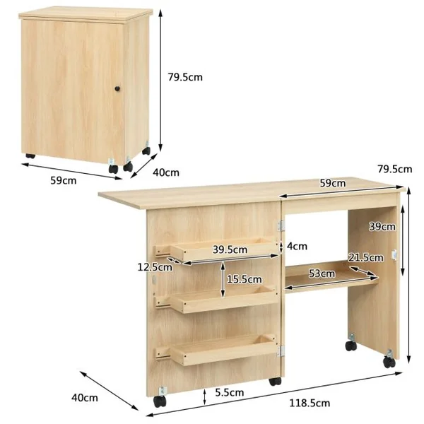 Table de Couture Pliante à Roulettes Meuble pour Machine à Coudre avec 3 Étagères en Mdf 117x40x77xcm Blanc/Beige/Brun/Naturel
