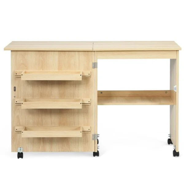Table de Couture Pliante à Roulettes Meuble pour Machine à Coudre avec 3 Étagères en Mdf 117x40x77xcm Blanc/Beige/Brun/Naturel