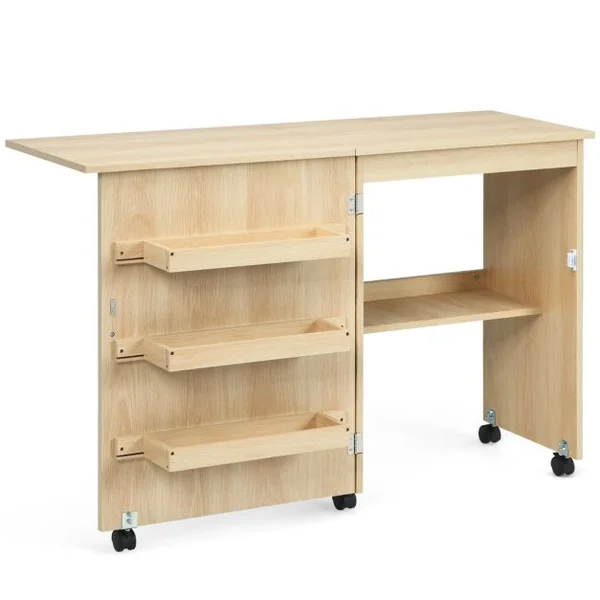 Table de Couture Pliante à Roulettes Meuble pour Machine à Coudre avec 3 Étagères en Mdf 117x40x77xcm Blanc/Beige/Brun/Naturel