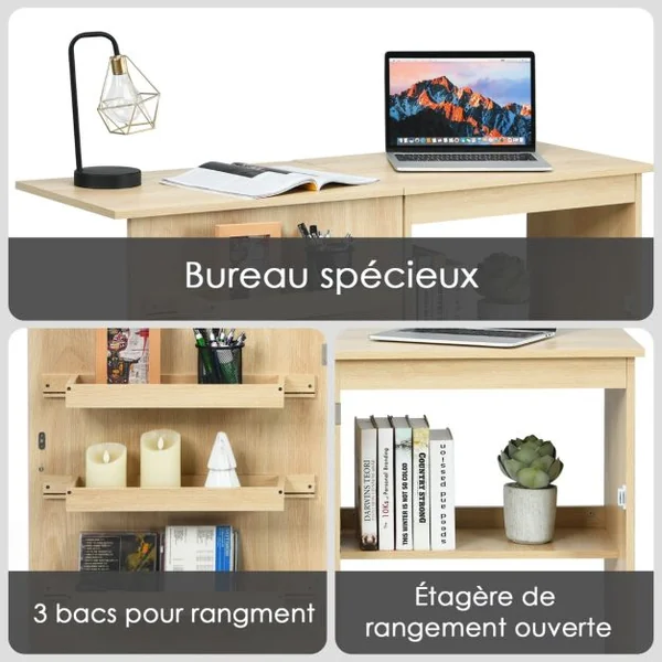 Table de Couture Pliante à Roulettes Meuble pour Machine à Coudre avec 3 Étagères en Mdf 117x40x77xcm Blanc/Beige/Brun/Naturel