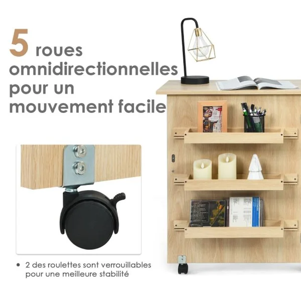 Table de Couture Pliante à Roulettes Meuble pour Machine à Coudre avec 3 Étagères en Mdf 117x40x77xcm Blanc/Beige/Brun/Naturel