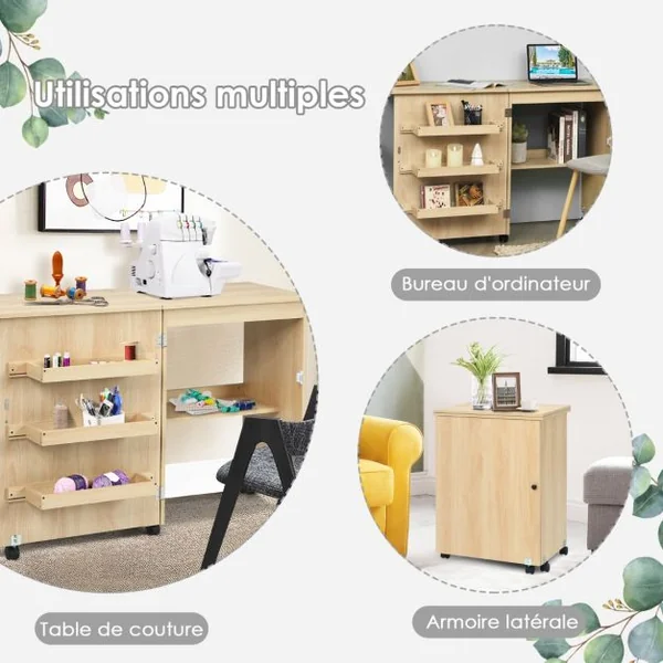 Table de Couture Pliante à Roulettes Meuble pour Machine à Coudre avec 3 Étagères en Mdf 117x40x77xcm Blanc/Beige/Brun/Naturel