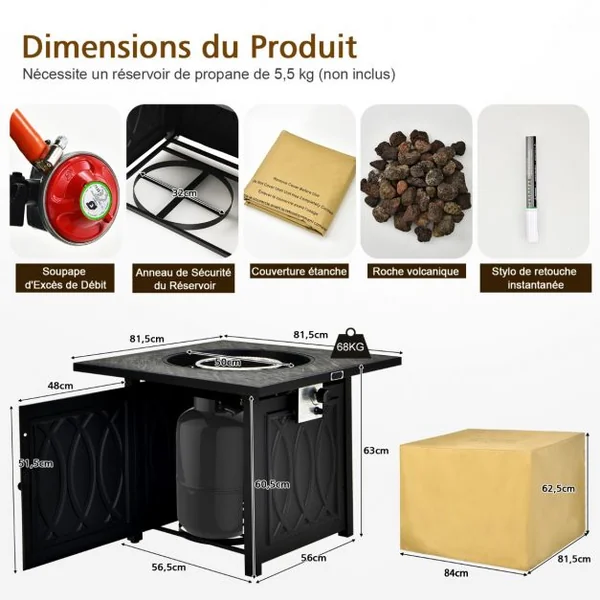 Table de Foyer φ57cm Extérieur au Gaz Propane 16,5kw avec Système d'Allumage Automatique Housse Imperméable