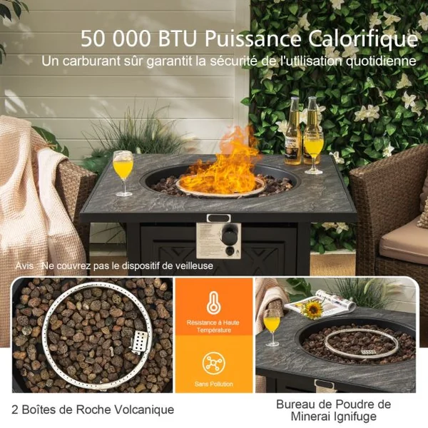 Table de Foyer φ57cm Extérieur au Gaz Propane 16,5kw avec Système d'Allumage Automatique Housse Imperméable