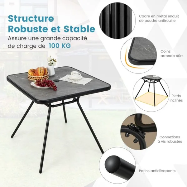Table de Jardin avec Plateau Imprimé Marbre 80 x 80 CM Table d'Appoint avec Trou pour Parasol 42 MM et Cadre en Métal Gris
