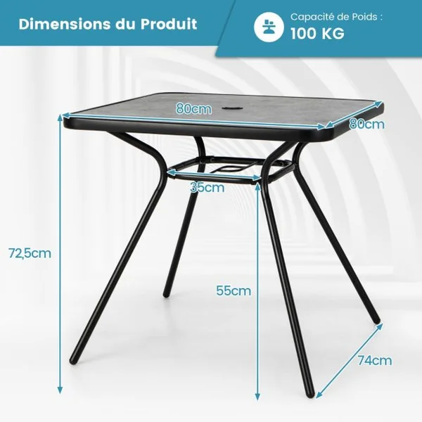 Table de Jardin avec Plateau Imprimé Marbre 80 x 80 CM Table d'Appoint avec Trou pour Parasol 42 MM et Cadre en Métal Gris