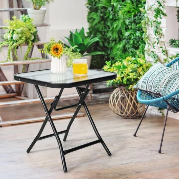 Table de Jardin Bistro Pliante 46,5x46,5x42cm en Verre&Acier pour Intérieur Extérieur Patio Balcon Charge 25kg Noir