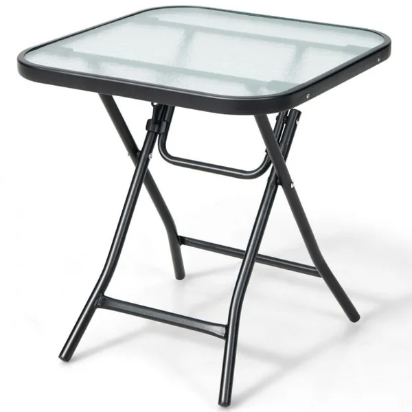 Table de Jardin Bistro Pliante 46,5x46,5x42cm en Verre&Acier pour Intérieur Extérieur Patio Balcon Charge 25kg Noir