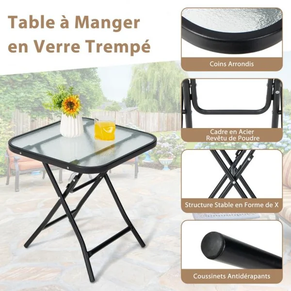 Table de Jardin Bistro Pliante 46,5x46,5x42cm en Verre&Acier pour Intérieur Extérieur Patio Balcon Charge 25kg Noir