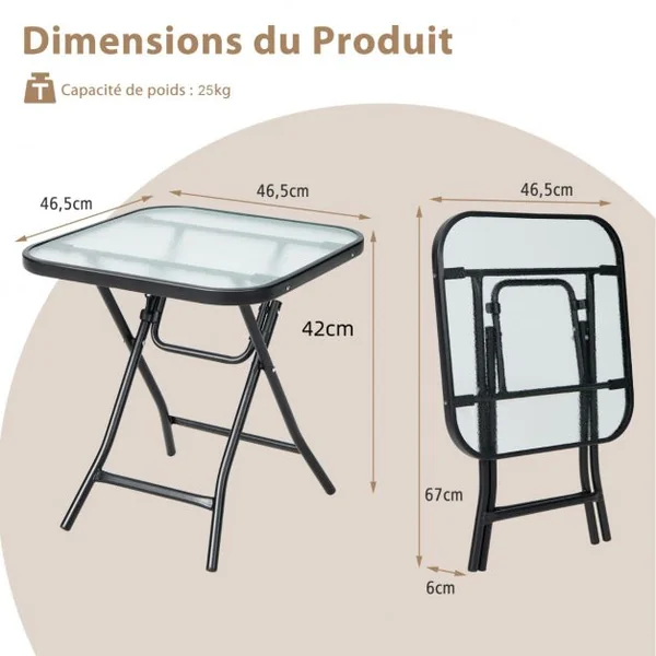 Table de Jardin Bistro Pliante 46,5x46,5x42cm en Verre&Acier pour Intérieur Extérieur Patio Balcon Charge 25kg Noir