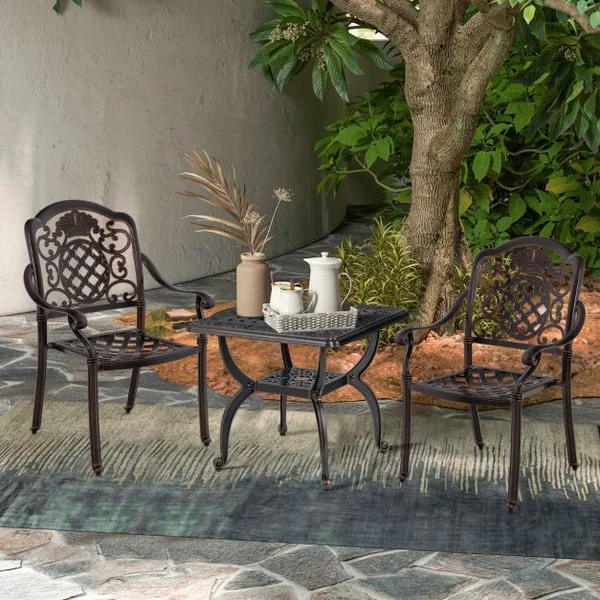 Table de Jardin Carrée 53 CM en Fonte d'Aluminium Table d'Appoint d’Extérieur avec Étagère de Rangement Motif Floral Sculpté Creux Cuivre Rouge