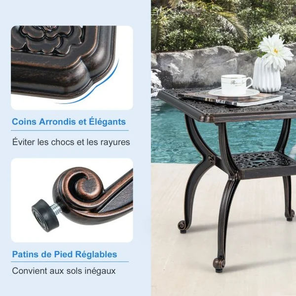 Table de Jardin Carrée 53 CM en Fonte d'Aluminium Table d'Appoint d’Extérieur avec Étagère de Rangement Motif Floral Sculpté Creux Cuivre Rouge