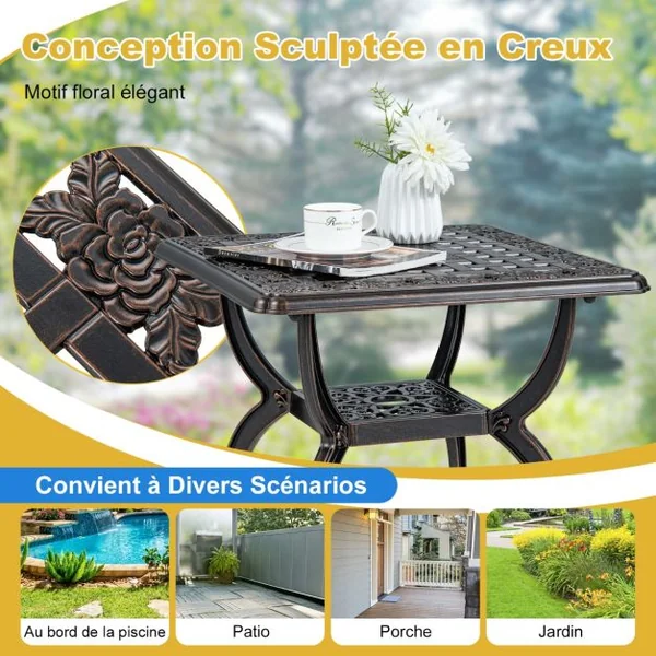 Table de Jardin Carrée 53 CM en Fonte d'Aluminium Table d'Appoint d’Extérieur avec Étagère de Rangement Motif Floral Sculpté Creux Cuivre Rouge