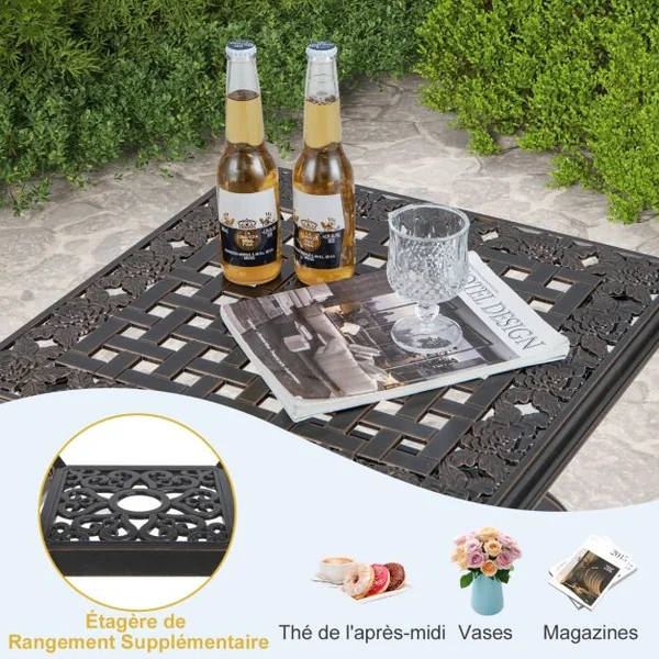 Table de Jardin Carrée 53 CM en Fonte d'Aluminium Table d'Appoint d’Extérieur avec Étagère de Rangement Motif Floral Sculpté Creux Cuivre Rouge