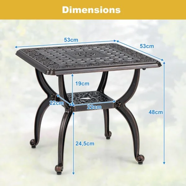 Table de Jardin Carrée 53 CM en Fonte d'Aluminium Table d'Appoint d’Extérieur avec Étagère de Rangement Motif Floral Sculpté Creux Cuivre Rouge
