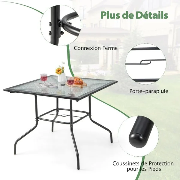 Table de Jardin Carrée en Verre Trempé Trou de Parasol 38MM pour 4 Personnes Table d'Appoint pour Patio Piscine Balcon