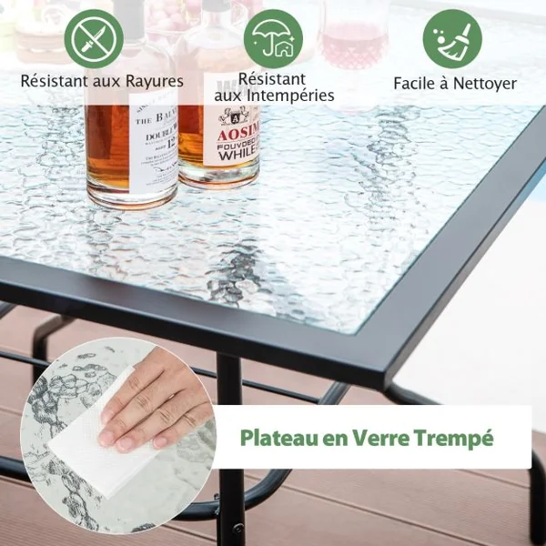 Table de Jardin Carrée en Verre Trempé Trou de Parasol 38MM pour 4 Personnes Table d'Appoint pour Patio Piscine Balcon
