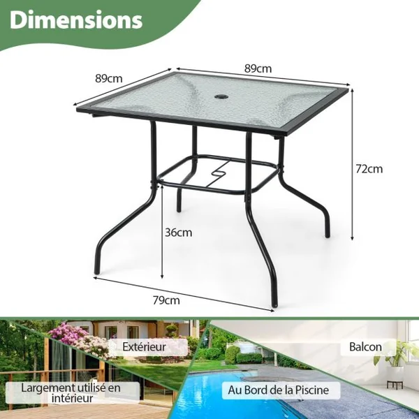 Table de Jardin Carrée en Verre Trempé Trou de Parasol 38MM pour 4 Personnes Table d'Appoint pour Patio Piscine Balcon