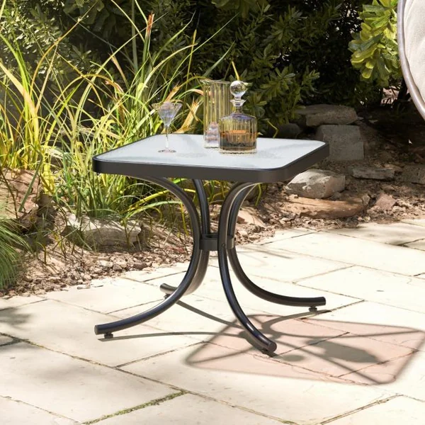 Table de Jardin Carrée Plateau en Verre Trempé 50 CM Table Basse de Patio avec Cadre en Métal Robuste Charge 100 kg Noir