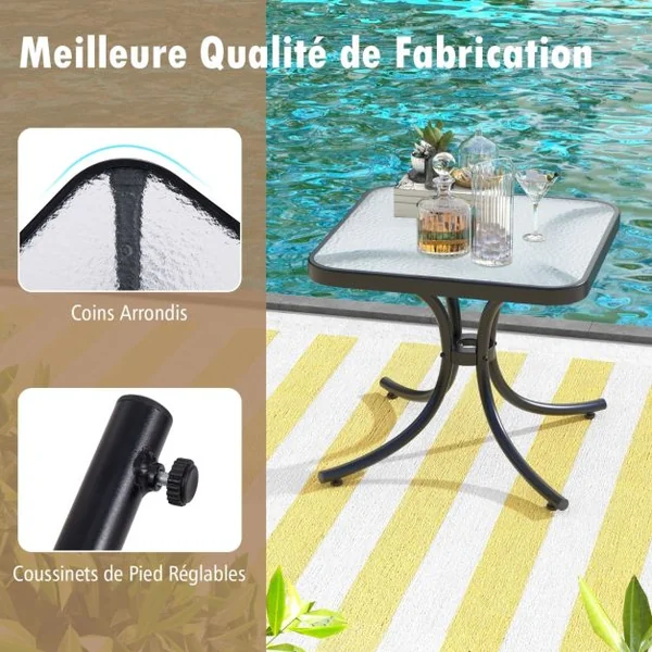 Table de Jardin Carrée Plateau en Verre Trempé 50 CM Table Basse de Patio avec Cadre en Métal Robuste Charge 100 kg Noir