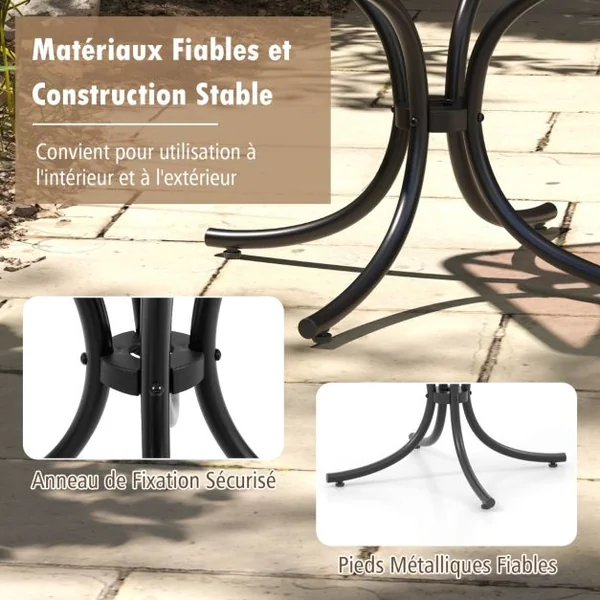 Table de Jardin Carrée Plateau en Verre Trempé 50 CM Table Basse de Patio avec Cadre en Métal Robuste Charge 100 kg Noir