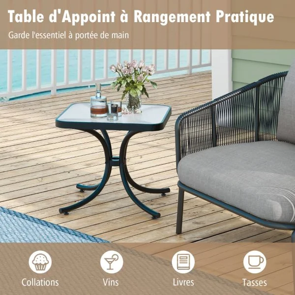 Table de Jardin Carrée Plateau en Verre Trempé 50 CM Table Basse de Patio avec Cadre en Métal Robuste Charge 100 kg Noir