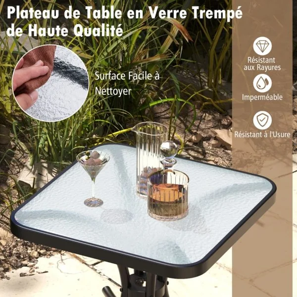 Table de Jardin Carrée Plateau en Verre Trempé 50 CM Table Basse de Patio avec Cadre en Métal Robuste Charge 100 kg Noir