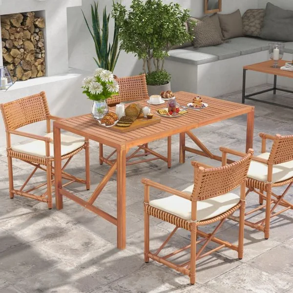 Table de Jardin en Bois d'Acacia pour 4 à 6 Personnes avec Trou de Parapluie 140x75x75CM pour Salle à Manger et Terrasse