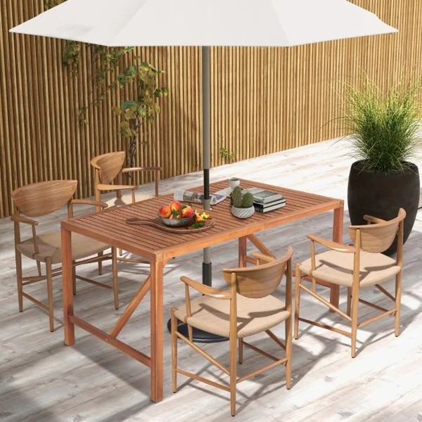 Table de Jardin en Bois d'Acacia pour 4 à 6 Personnes avec Trou de Parapluie 140x75x75CM pour Salle à Manger et Terrasse