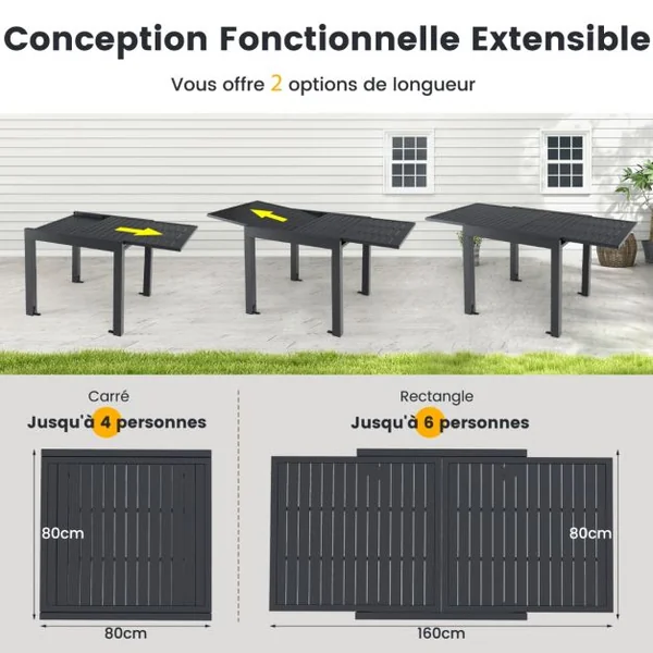 Table de Jardin Extensible en Aluminium Ajustable de 80 à 160 CM Table à Manger Extérieure Plateau à Lattes pour 4-6 Personnes Gris Foncé