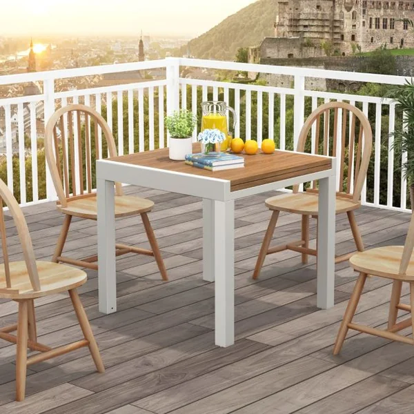Table de Jardin Extensible en Aluminium Ajustable de 80 à 160 CM Table à Manger Rectangulaire pour 4-6 Personnes Blanc+Naturel