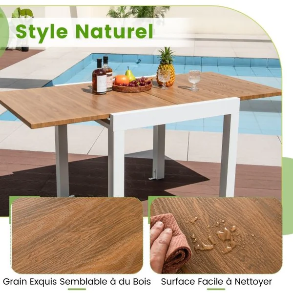 Table de Jardin Extensible en Aluminium Ajustable de 80 à 160 CM Table à Manger Rectangulaire pour 4-6 Personnes Blanc+Naturel