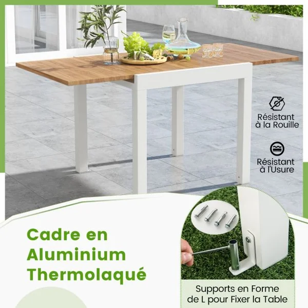 Table de Jardin Extensible en Aluminium Ajustable de 80 à 160 CM Table à Manger Rectangulaire pour 4-6 Personnes Blanc+Naturel